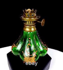 French Victorian Art Glass Green Enameled Mini 4 Oil Kerosene Lamp 1890-1920