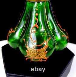 French Victorian Art Glass Green Enameled Mini 4 Oil Kerosene Lamp 1890-1920