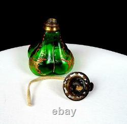 French Victorian Art Glass Green Enameled Mini 4 Oil Kerosene Lamp 1890-1920