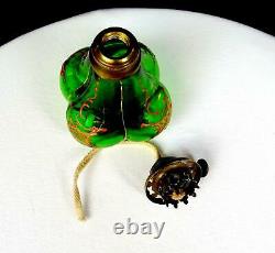 French Victorian Art Glass Green Enameled Mini 4 Oil Kerosene Lamp 1890-1920