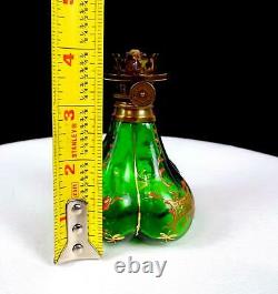 French Victorian Art Glass Green Enameled Mini 4 Oil Kerosene Lamp 1890-1920