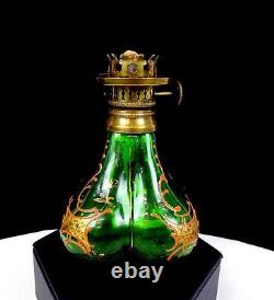 French Victorian Art Glass Green Enameled Mini 4 Oil Kerosene Lamp 1890-1920