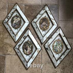 French Victorian Courting Scene Glass Painted Diamond Wall Art Antique Gold French Victorian Courting Scene Glass Painted Diamond Wall Art Antique Gold