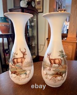 GORGEOUS ANTIQUE PAIR-FRENCH OPALINE ART GLASS VASES-Mantle Vases-Deer Scene GORGEOUS ANTIQUE PAIR-FRENCH OPALINE ART GLASS VASES-Mantle Vases-Deer Scene