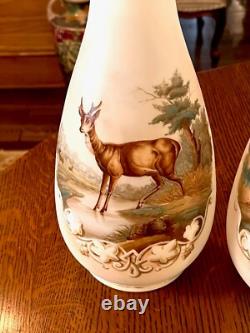 GORGEOUS ANTIQUE PAIR-FRENCH OPALINE ART GLASS VASES-Mantle Vases-Deer Scene GORGEOUS ANTIQUE PAIR-FRENCH OPALINE ART GLASS VASES-Mantle Vases-Deer Scene