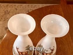 GORGEOUS ANTIQUE PAIR-FRENCH OPALINE ART GLASS VASES-Mantle Vases-Deer Scene GORGEOUS ANTIQUE PAIR-FRENCH OPALINE ART GLASS VASES-Mantle Vases-Deer Scene