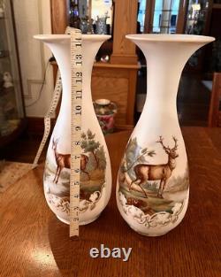 GORGEOUS ANTIQUE PAIR-FRENCH OPALINE ART GLASS VASES-Mantle Vases-Deer Scene GORGEOUS ANTIQUE PAIR-FRENCH OPALINE ART GLASS VASES-Mantle Vases-Deer Scene