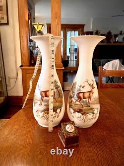 GORGEOUS ANTIQUE PAIR-FRENCH OPALINE ART GLASS VASES-Mantle Vases-Deer Scene GORGEOUS ANTIQUE PAIR-FRENCH OPALINE ART GLASS VASES-Mantle Vases-Deer Scene
