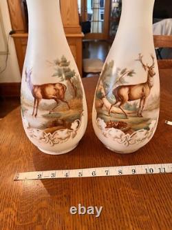 GORGEOUS ANTIQUE PAIR-FRENCH OPALINE ART GLASS VASES-Mantle Vases-Deer Scene GORGEOUS ANTIQUE PAIR-FRENCH OPALINE ART GLASS VASES-Mantle Vases-Deer Scene