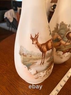 GORGEOUS ANTIQUE PAIR-FRENCH OPALINE ART GLASS VASES-Mantle Vases-Deer Scene GORGEOUS ANTIQUE PAIR-FRENCH OPALINE ART GLASS VASES-Mantle Vases-Deer Scene