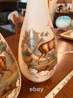 GORGEOUS ANTIQUE PAIR-FRENCH OPALINE ART GLASS VASES-Mantle Vases-Deer Scene GORGEOUS ANTIQUE PAIR-FRENCH OPALINE ART GLASS VASES-Mantle Vases-Deer Scene