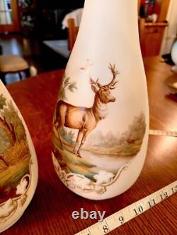 GORGEOUS ANTIQUE PAIR-FRENCH OPALINE ART GLASS VASES-Mantle Vases-Deer Scene GORGEOUS ANTIQUE PAIR-FRENCH OPALINE ART GLASS VASES-Mantle Vases-Deer Scene