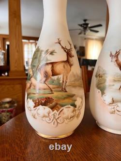 GORGEOUS ANTIQUE PAIR-FRENCH OPALINE ART GLASS VASES-Mantle Vases-Deer Scene GORGEOUS ANTIQUE PAIR-FRENCH OPALINE ART GLASS VASES-Mantle Vases-Deer Scene