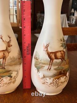 GORGEOUS ANTIQUE PAIR-FRENCH OPALINE ART GLASS VASES-Mantle Vases-Deer Scene GORGEOUS ANTIQUE PAIR-FRENCH OPALINE ART GLASS VASES-Mantle Vases-Deer Scene