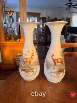 GORGEOUS ANTIQUE PAIR-FRENCH OPALINE ART GLASS VASES-Mantle Vases-Deer Scene GORGEOUS ANTIQUE PAIR-FRENCH OPALINE ART GLASS VASES-Mantle Vases-Deer Scene