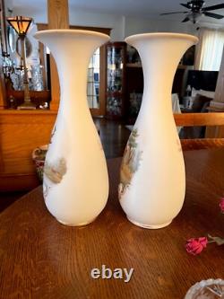 GORGEOUS ANTIQUE PAIR-FRENCH OPALINE ART GLASS VASES-Mantle Vases-Deer Scene GORGEOUS ANTIQUE PAIR-FRENCH OPALINE ART GLASS VASES-Mantle Vases-Deer Scene