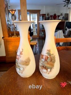 GORGEOUS ANTIQUE PAIR-FRENCH OPALINE ART GLASS VASES-Mantle Vases-Deer Scene GORGEOUS ANTIQUE PAIR-FRENCH OPALINE ART GLASS VASES-Mantle Vases-Deer Scene
