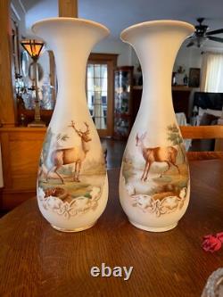 GORGEOUS ANTIQUE PAIR-FRENCH OPALINE ART GLASS VASES-Mantle Vases-Deer Scene GORGEOUS ANTIQUE PAIR-FRENCH OPALINE ART GLASS VASES-Mantle Vases-Deer Scene