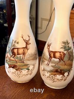 GORGEOUS ANTIQUE PAIR-FRENCH OPALINE ART GLASS VASES-Mantle Vases-Deer Scene GORGEOUS ANTIQUE PAIR-FRENCH OPALINE ART GLASS VASES-Mantle Vases-Deer Scene
