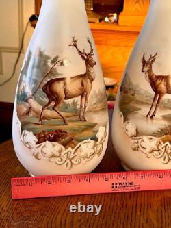 GORGEOUS ANTIQUE PAIR-FRENCH OPALINE ART GLASS VASES-Mantle Vases-Deer Scene GORGEOUS ANTIQUE PAIR-FRENCH OPALINE ART GLASS VASES-Mantle Vases-Deer Scene
