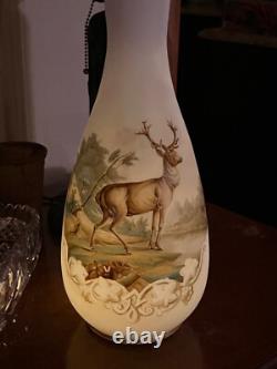 GORGEOUS ANTIQUE PAIR-FRENCH OPALINE ART GLASS VASES-Mantle Vases-Deer Scene GORGEOUS ANTIQUE PAIR-FRENCH OPALINE ART GLASS VASES-Mantle Vases-Deer Scene