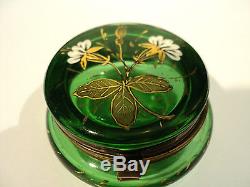 GREEN VICTORIAN ART GLASS PATCH BOX with ENAMELED FLORAL TOP & GILT DECORATION