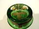 Green Victorian Art Glass Patch Box With Enameled Floral Top & Gilt Decoration