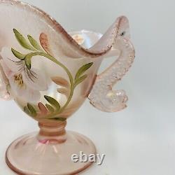 George Fenton 2002 Pink Stretch Glass Compote Dolphin Handles iridescent #52