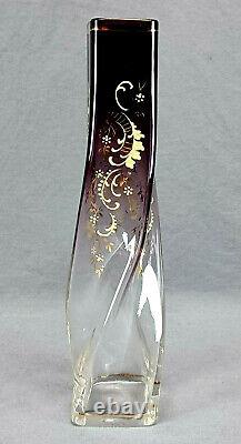 German Schliersee Yellow & Gold Floral Scrollwork Purple Clear Glass Twist Vase