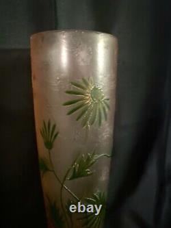 Gorgeous 1900's Mont Joye Cameo Muted Peach and Green Overlay Glass Vase