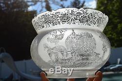 Gorgeous Antique Victorian Etched Art Glass Lamp Shade Rural Country Scene Rare
