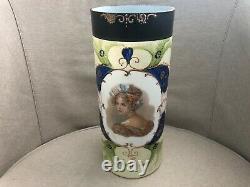 Gorgeous VICTORIAN Milk Glass Vase LADY PORTRAIT Enamel Bristol Bohemian