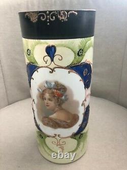 Gorgeous VICTORIAN Milk Glass Vase LADY PORTRAIT Enamel Bristol Bohemian