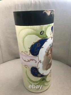 Gorgeous VICTORIAN Milk Glass Vase LADY PORTRAIT Enamel Bristol Bohemian