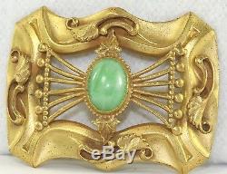 Gorgeous Victorian Antique Green Swirl Art Glass & Brass Sash Pin
