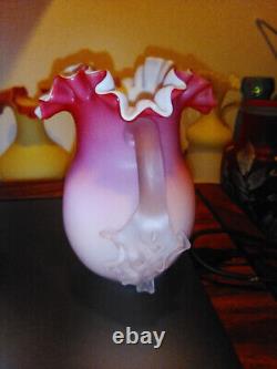 Gorgeous Victorian Dark Pink Satin Art Glass Vases Set Of 3 With Thorn Handles