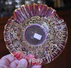 Gorgeous Victorian Era Moser Blown Cranberry Glass Bonbon Candy Dish Hvy Gold #1