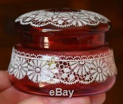 Gorgeous Victorian Era Moser Cranberry Glass Dresser Box W Painted Lace Pattern