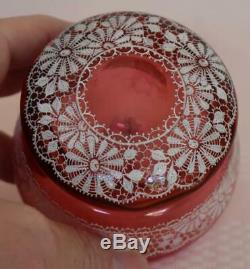 Gorgeous Victorian Era Moser Cranberry Glass Dresser Box W Painted Lace Pattern