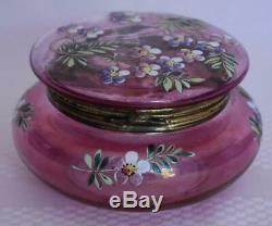 Gorgeous Victorian Era Moser Cranberry Glass Dresser Box W Purple Pink Flowers