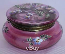 Gorgeous Victorian Era Moser Cranberry Glass Dresser Box W Purple Pink Flowers