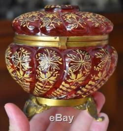 Gorgeous Victorian Moser Cranberry Glass Dresser Box Ornate Gold Leaf Decoration