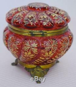 Gorgeous Victorian Moser Cranberry Glass Dresser Box Ornate Gold Leaf Decoration