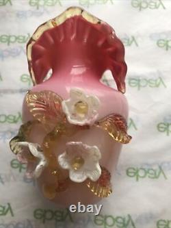 Gorgeous (fenton) Hand Blown Cased Art Glass Vase! Applied Flowers, Ruffled