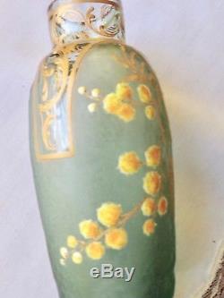 Great Antique French Enameled Chipped Ice Glass Vase Topaz, Gold, Yellow Poms