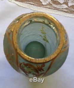 Great Antique French Enameled Chipped Ice Glass Vase Topaz, Gold, Yellow Poms