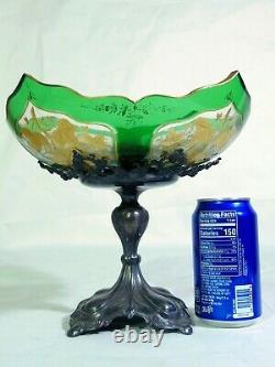 Green Bohemian Moser Cut Glass Gilt Compote Bowl Silverplate Base