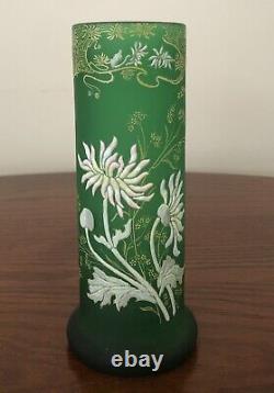 Green Satin Glass Floral Cylinder Vase, Attributed to Legras 6 7/8 Tall