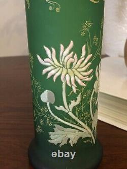 Green Satin Glass Floral Cylinder Vase, Attributed to Legras 6 7/8 Tall