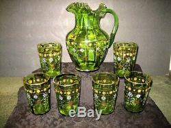 Green Victorian Blown Art Glass Enameled Lemonade Set Fluted Pitcher & 6 Glasses